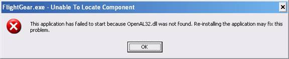 error dialog, showing missing OpenAL DLL