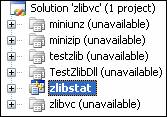Image of zlib solution explorer with only zlibstat active